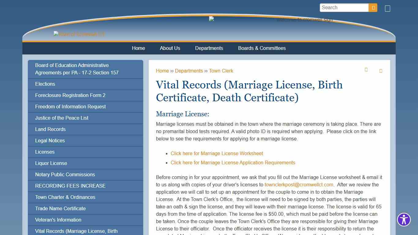 Vital Records (Marriage License, Birth Certificate, Death Certificate) Town of Cromwell CT